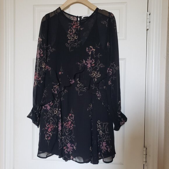 ASTR the Label Women's Black Floral Long Sleeve Chiffon Dress - Size Small - EUC - Picture 1 of 8